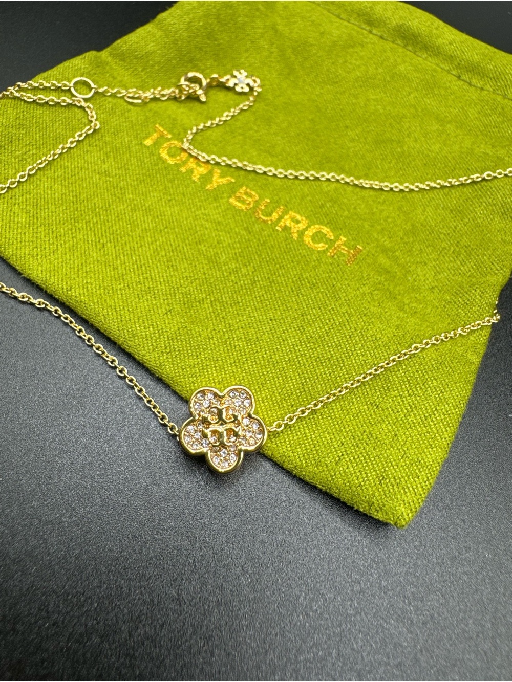 Tory Burch Gold Crystal Clover Pendant Necklace